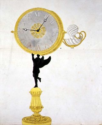 Design til et Ormolu ur, ca. 1825 (pen & blæk og akvarel på papir) af French School