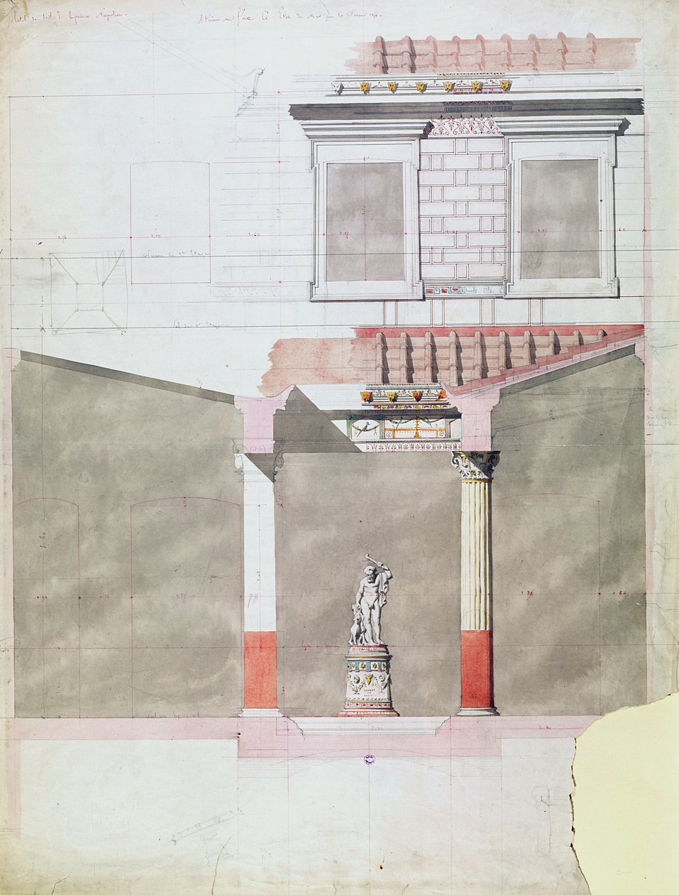 Design til atriumet i det Pompejianske palads af Prins Napoleon III (1808-73) (wc på papir) af French School