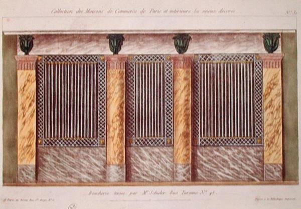 Design til facaden på en slagterbutik, fra en serie, der viser de bedst dekorerede kommercielle bygninger i Paris, ca. 1810 (farve litho) af French School