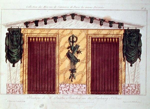 Design til facaden på en slagterbutik, fra en serie af de bedst dekorerede kommercielle bygninger i Paris, ca. 1810 (farve litho) af French School