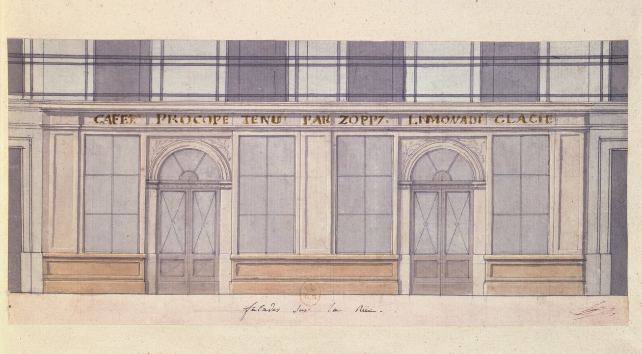 Design til facaden på Cafe Procope, begyndelsen af det 19. århundrede (pen & blæk og wc på papir) af French School