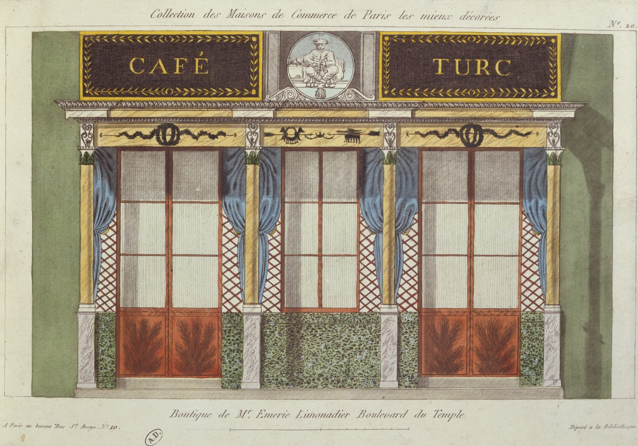 Design til facaden på Cafe Turc, fra en serie, der viser de bedst dekorerede kommercielle bygninger i Paris, ca. 1810 af French School