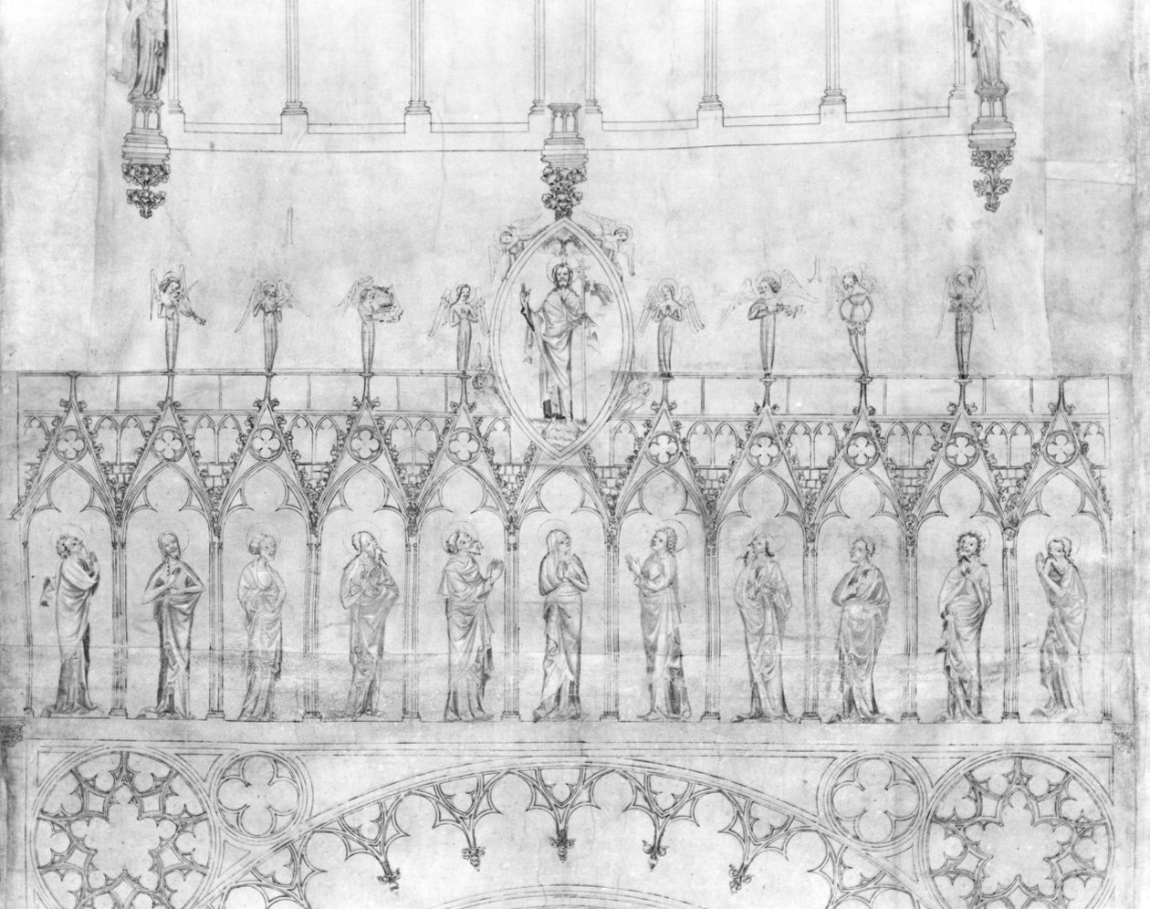 Design til kongegalleriet på facaden af Strasbourg-katedralen, ca. 1380 (pen & blæk & gouache på papir) (detalje) (se 207686) af French School