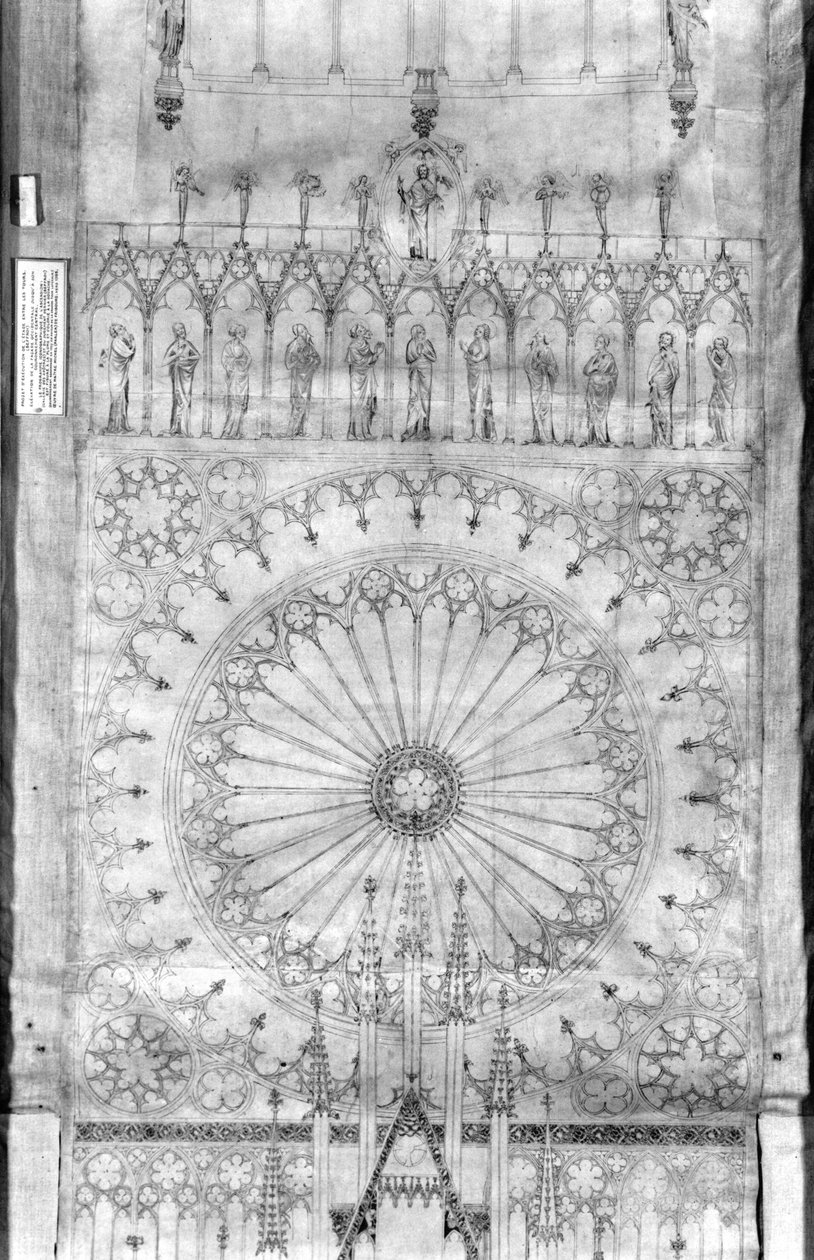 Design til rosenvinduet og kongegalleriet på facaden af Strasbourg-katedralen, ca. 1380 (pen & blæk & gouache på papir) (se detalje 207685) af French School