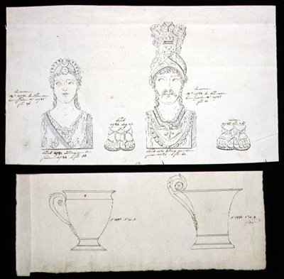 Designs til ormolu-møbelbeslag af forgyldt bronze og porcelænskopper fra det franske imperium, ca. 1820 (pen og blæk på papir) af French School