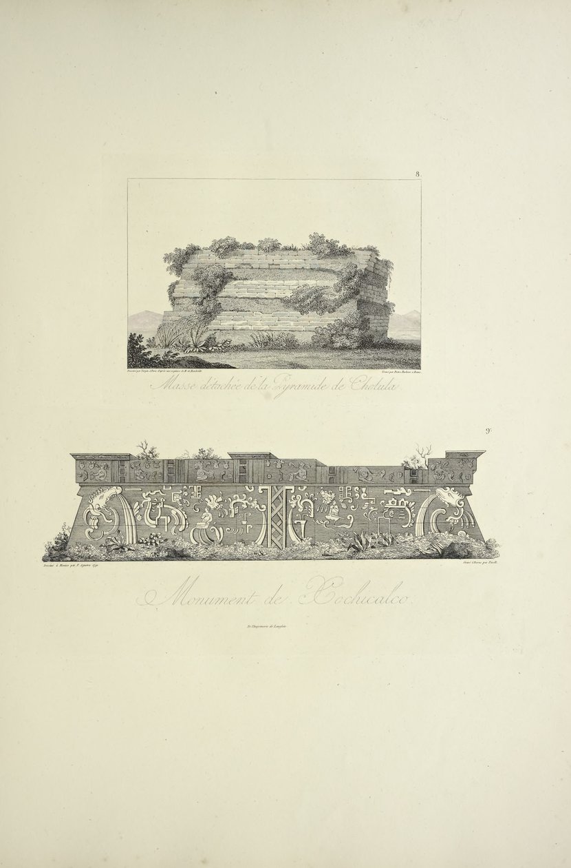Fritliggende messe af Cholula-pyramiden og Xochicalco-monumentet, illustration fra 
