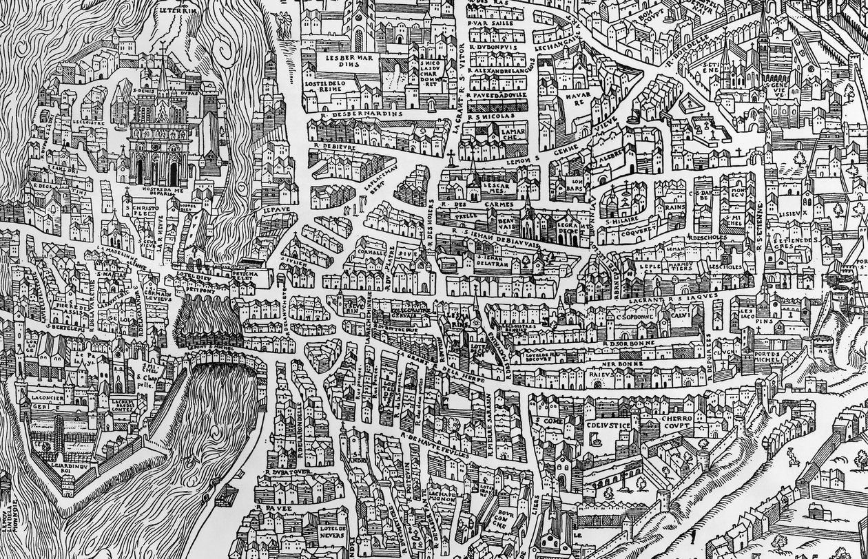 Detalje fra et kort over Paris under Henri II