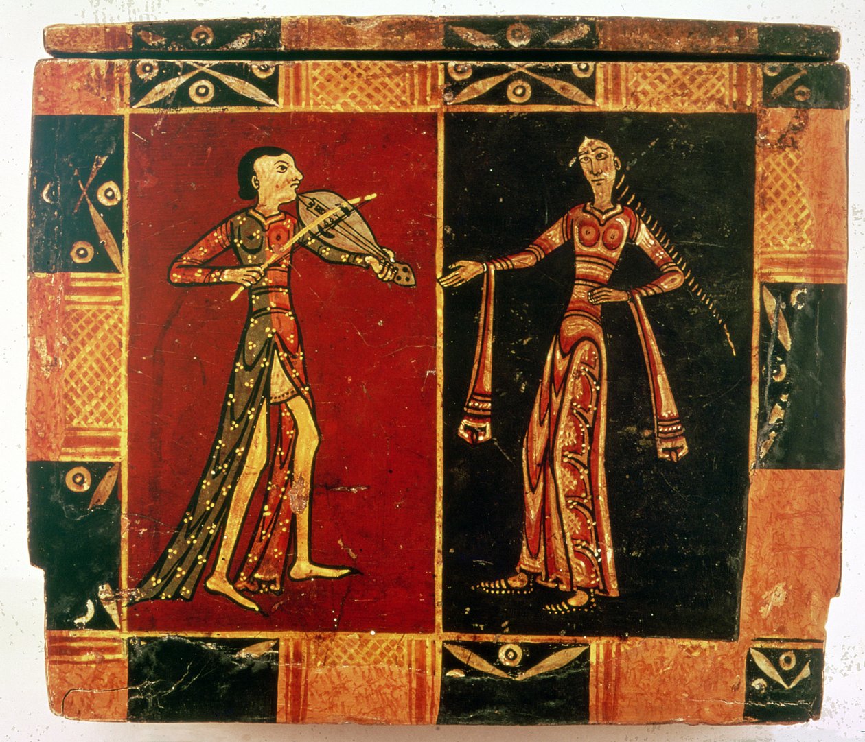 Detalje fra en bryllupskrin, der forestiller en musiker og en danser (malet vellum på træ) af French School