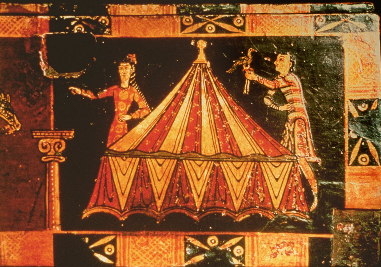 Detalje fra en bryllupskrin, der forestiller to figurer ved et telt (malet vellum på træ) af French School