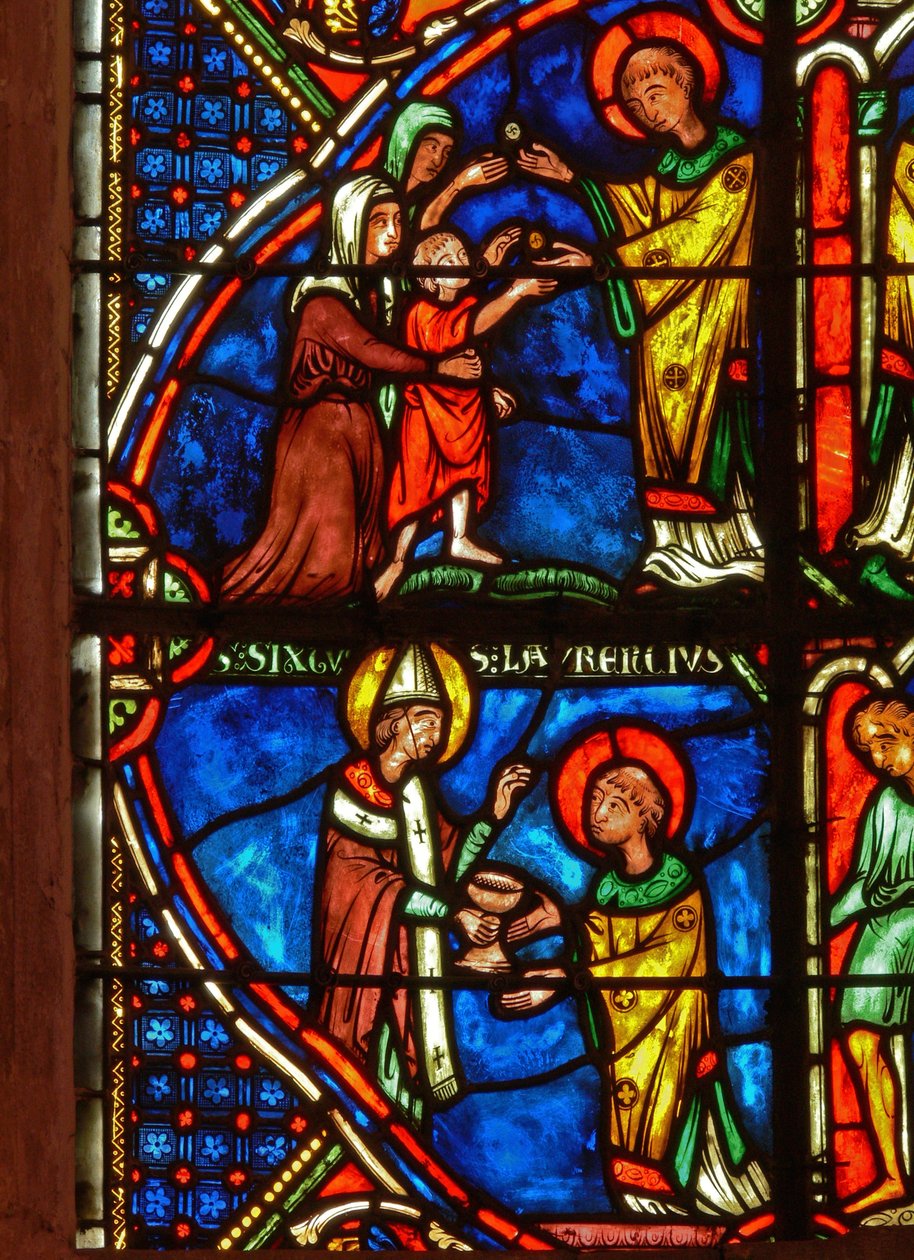 Detalje fra et vindue, der viser scener fra St. Laurence