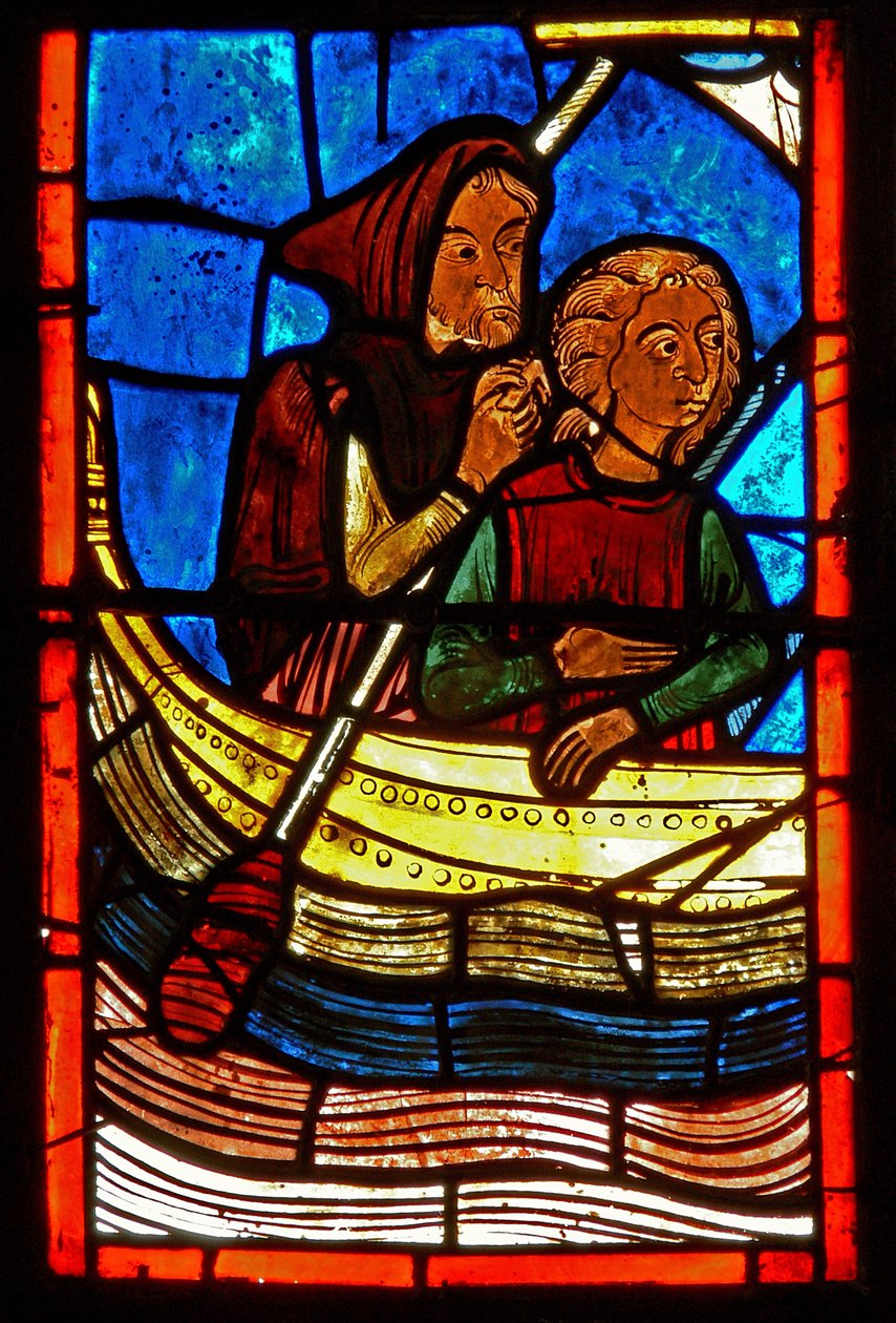 Detalje fra et vindue, der viser scener fra St. Mary den egyptiske liv af French School