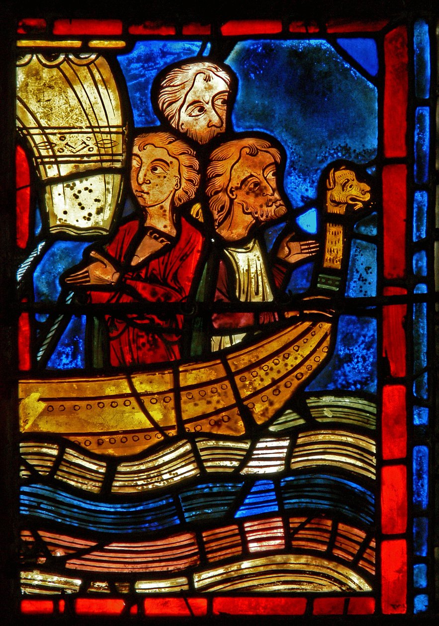 Detalje fra et vindue, der viser scener fra St. Mary den egyptiske liv af French School