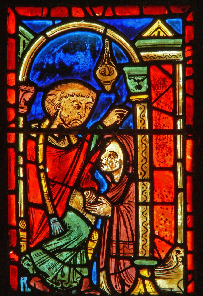 Detalje fra et vindue, der viser scener fra St. Mary den egyptiske liv af French School