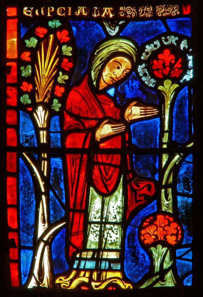 Detalje fra et vindue, der viser scener fra St. Mary den egyptiske liv af French School