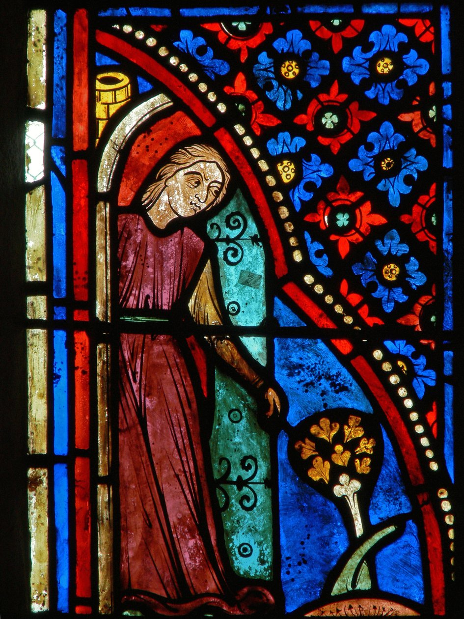Detalje fra et vindue, der viser scener fra St. Mary den egyptiske liv af French School