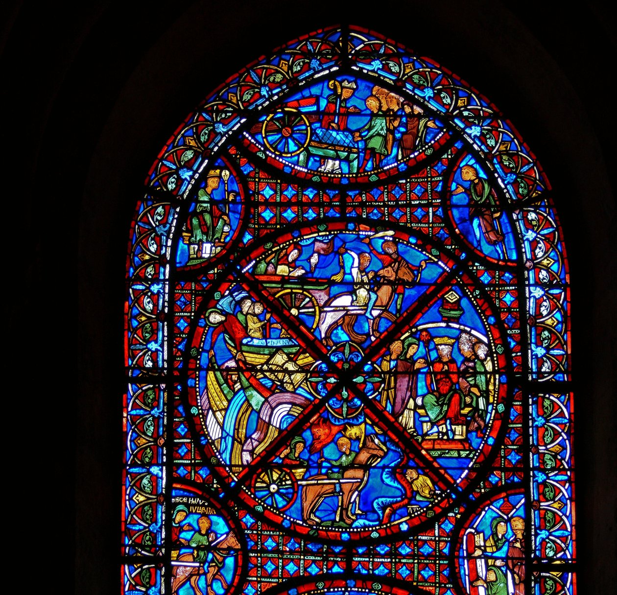 Detalje fra et vindue, der viser scener fra St. Stephens liv af French School