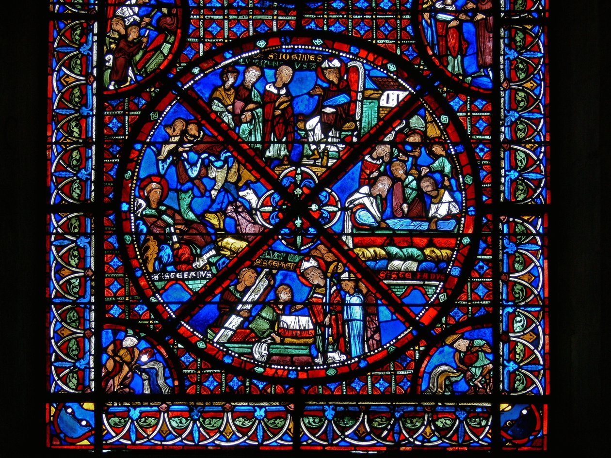 Detalje fra et vindue, der viser scener fra St. Stephens liv af French School