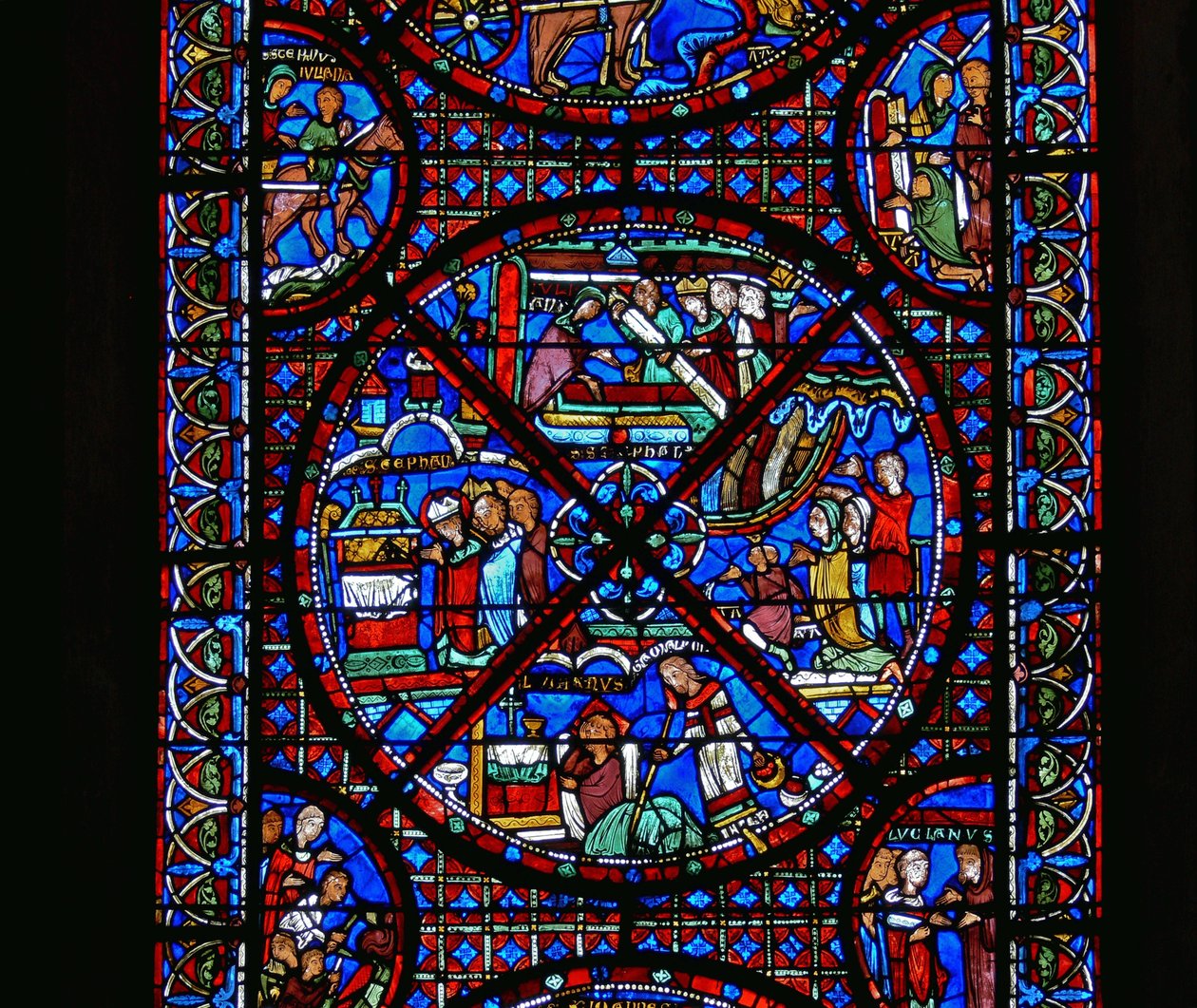 Detalje fra et vindue, der viser scener fra St. Stephens liv af French School