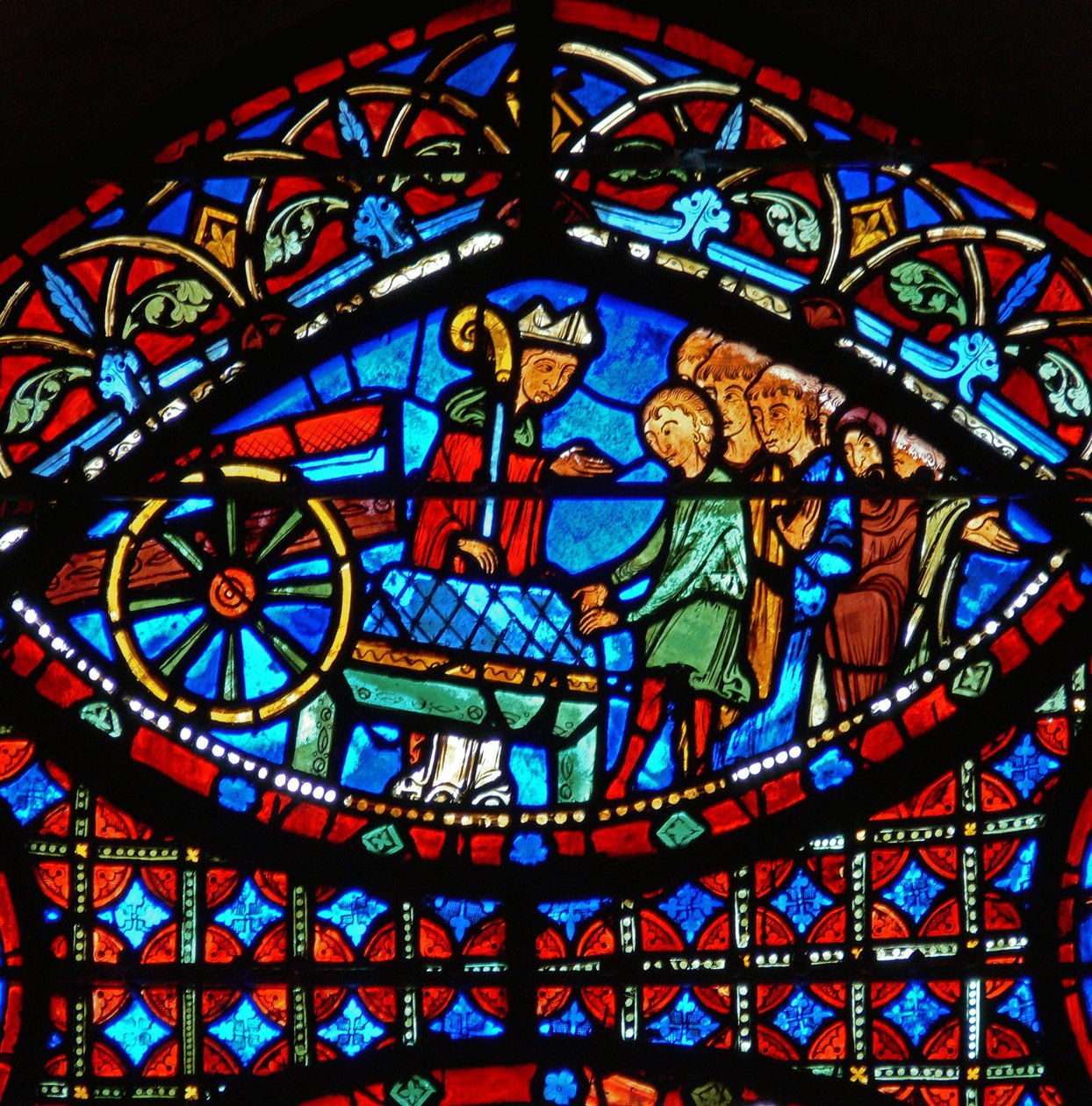 Detalje fra et vindue, der viser scener fra St. Stephens liv: biskop og kiste af French School
