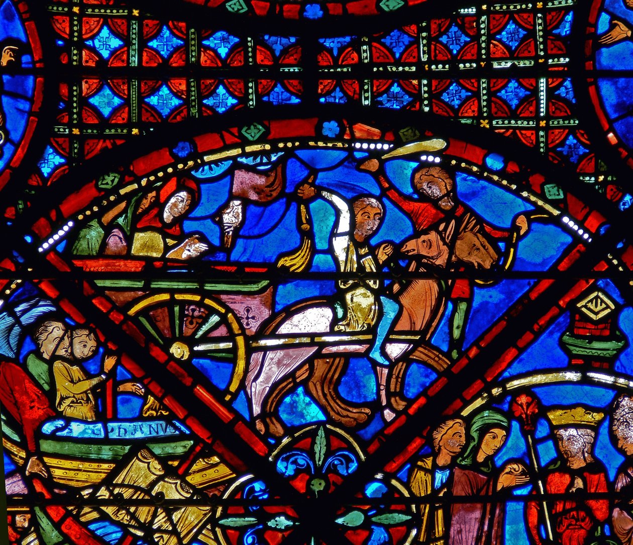 Detalje fra et vindue, der viser scener fra St. Stephens liv: hest og vogn af French School