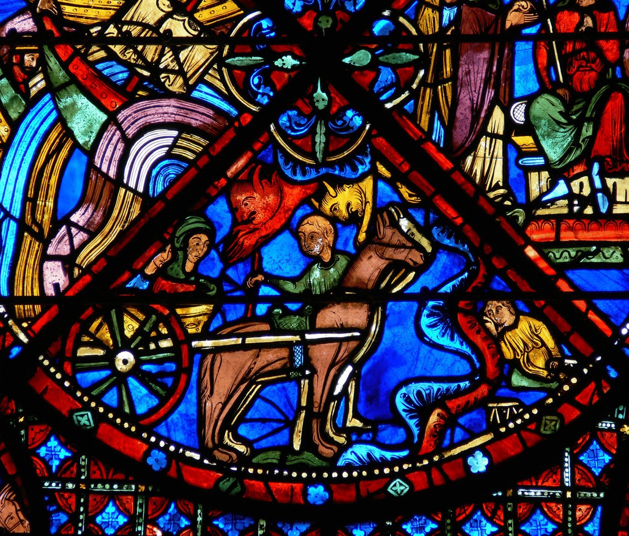 Detalje fra et vindue, der viser scener fra St. Stephens liv: heste, vogn og dæmoner af French School