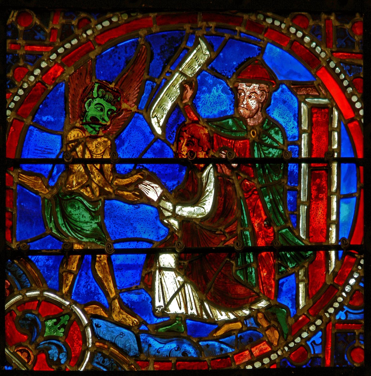 Detalje fra et vindue, der viser scener fra Theophilus