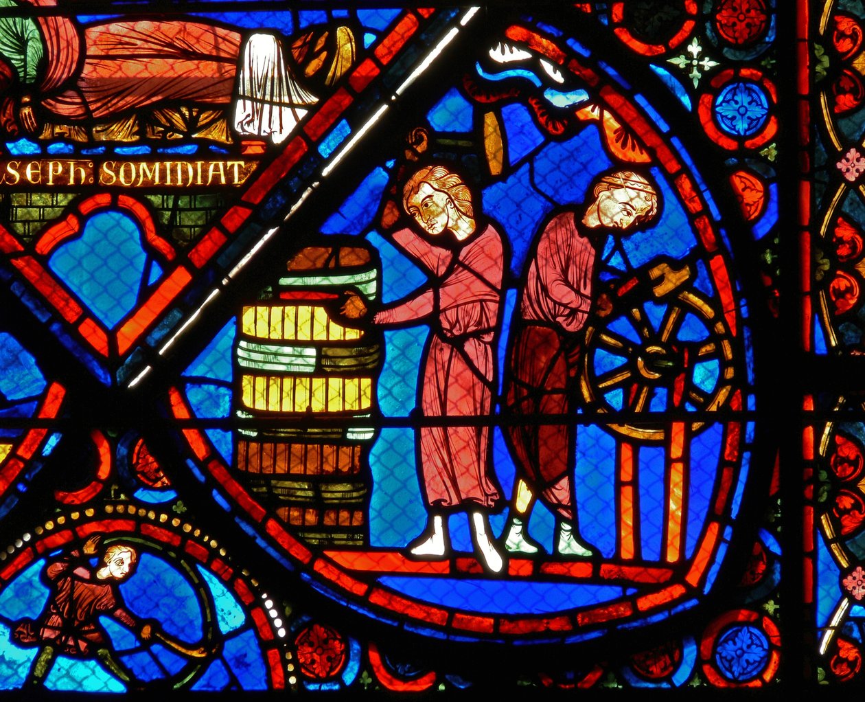Detalje fra et vindue, der viser scener fra historien om Joseph af French School