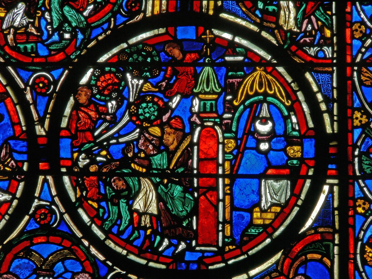 Detalje fra et vindue, der forestiller lidenskaben: Kristus bliver hilst på hans indtog i Jerusalem af French School