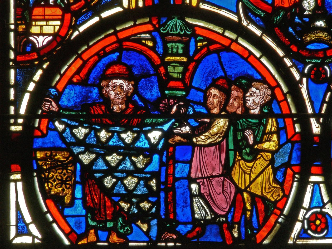 Detalje fra et vindue, der viser passionen: donorer og buntmagere af French School