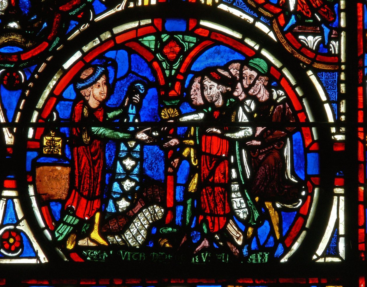 Detalje fra et vindue, der viser passionen: donorer og buntmagere af French School