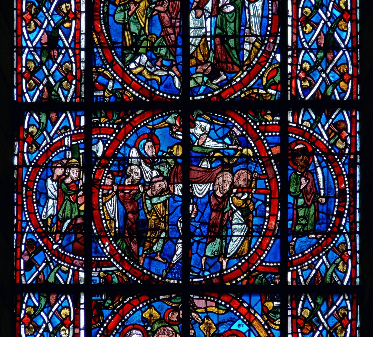 Detalje fra et vindue, der forestiller begravelsen, fra Jomfru Marias død og himmelfart af French School