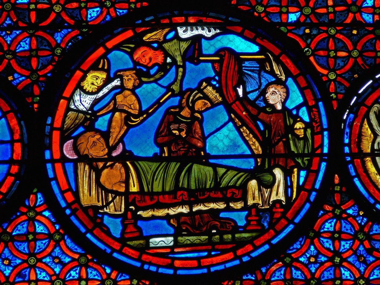 Detalje fra et vindue, der viser lignelsen om Lazarus og dyk af French School