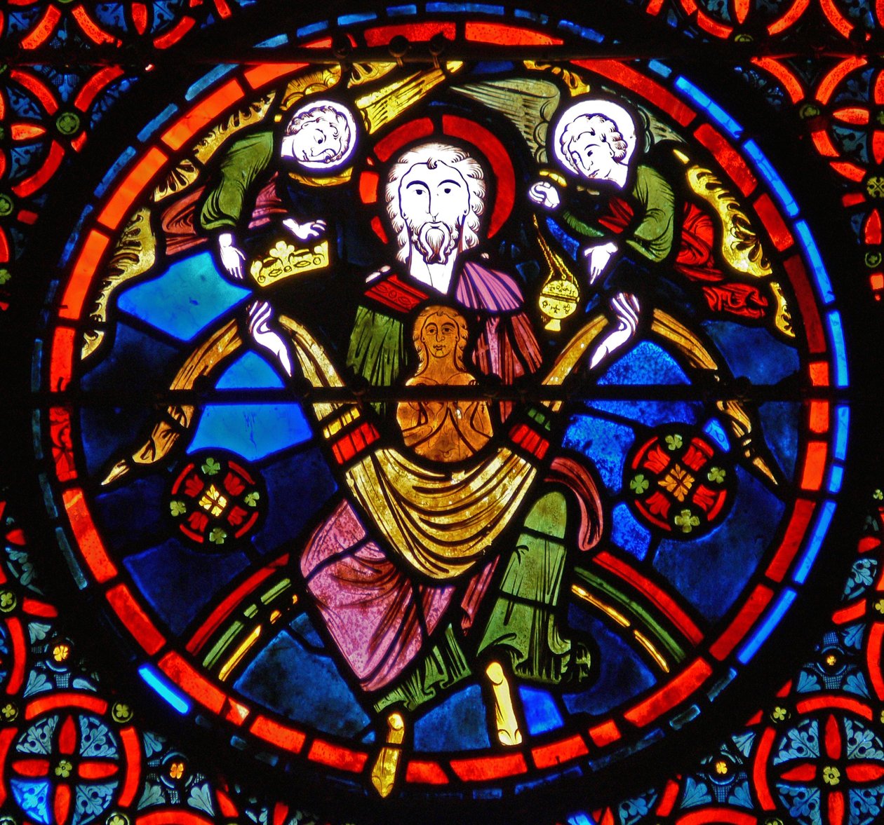 Detalje fra et vindue, der viser lignelsen om Lazarus og dykker: Lazarus i Abrahams skød af French School