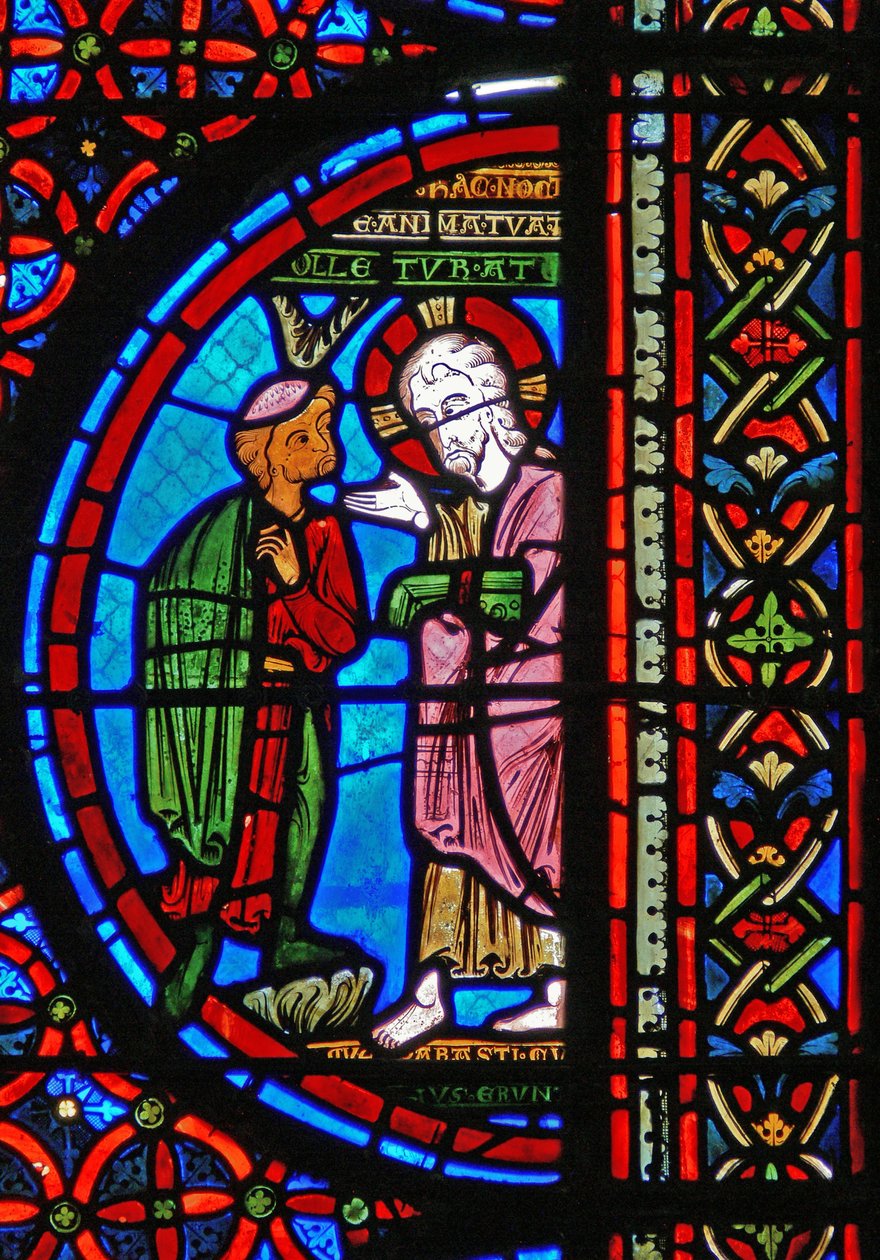 Detalje fra et vindue, der forestiller lignelsen om Lazarus og Dives: den rige mand med Kristus af French School