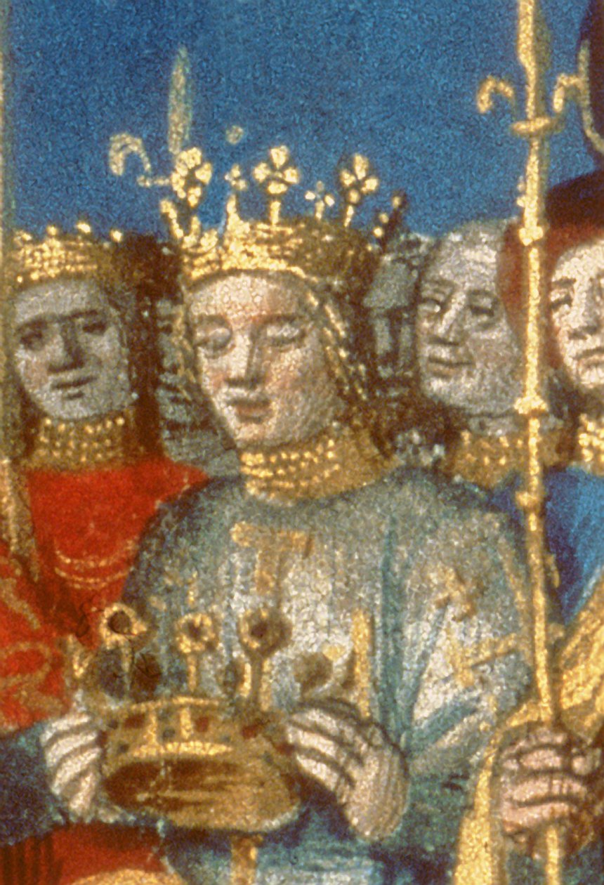Detalje af Fr 6465 f.247v Kroningen af Ludvig VIII (1187-1226) og Blanche de Castilla i Reims i nærværelse af kongen af Jerusalem (vellum) (detaljer fra 38990) af French School