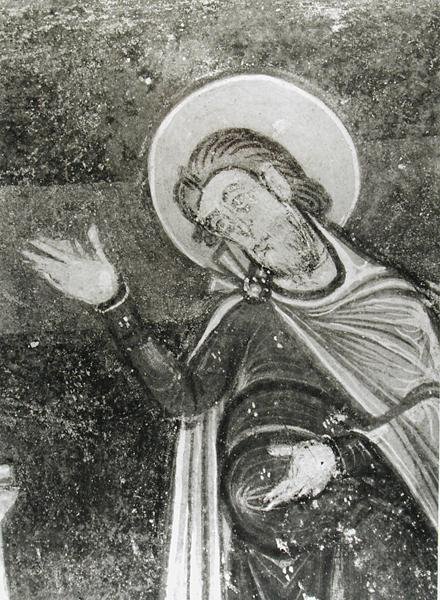 Detalje af St. Savin, fra en freskomaleri, der viser St. Savin og St. Cyprien, der bliver leveret fra udyrene, ca. 1100 (fresco) (s/h foto) af French School