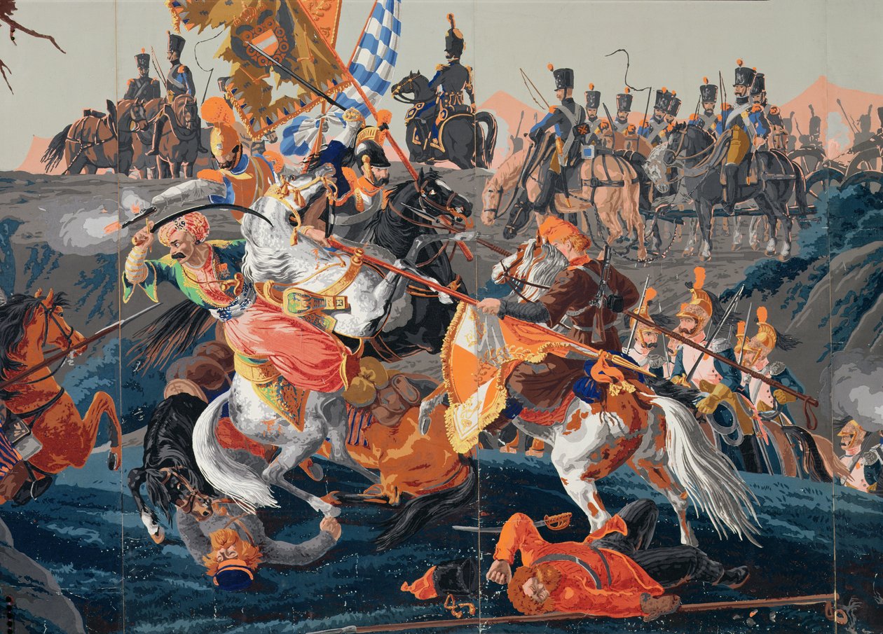 Detalje af slaget ved Austerlitz, et panoramisk tapetdesign, 1827-29 (tapet) af French School