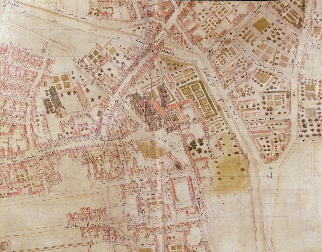 Detalje af et kort over Paris, der viser toppen af Montagne Sainte-Genevieve, 1664 af French School