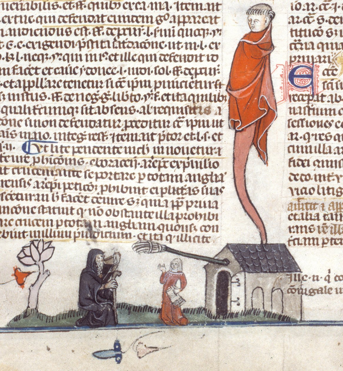 Detalje af en bas-de-page scene af en eremit, der sidder uden for et værtshus og drikker ale, ca. 1300-40 (blæk på pergament) af French School
