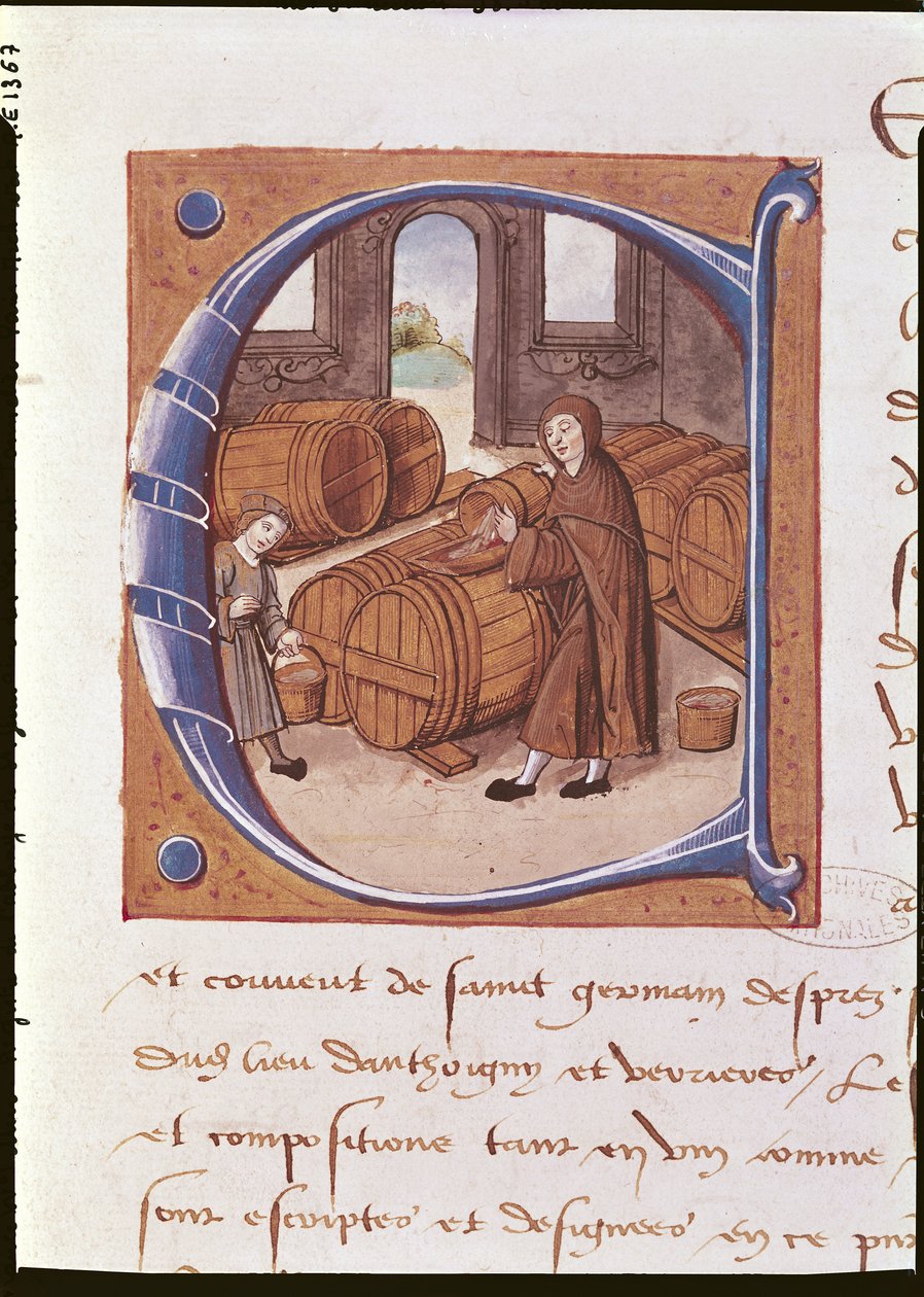 Detalje af en historisk initial med en illustration af en vinbonde i arbejde, fra 