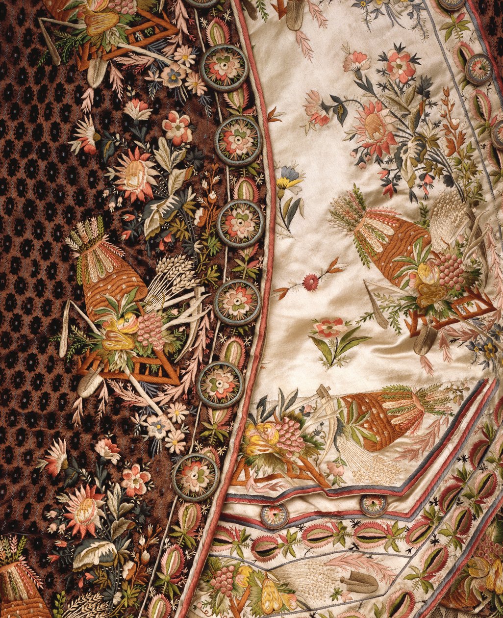 Detail of a magnificent suit of brown cut velvet, comprising coat, breeches & waist of ivory satin embroidered en suite, c.1760dani af French School