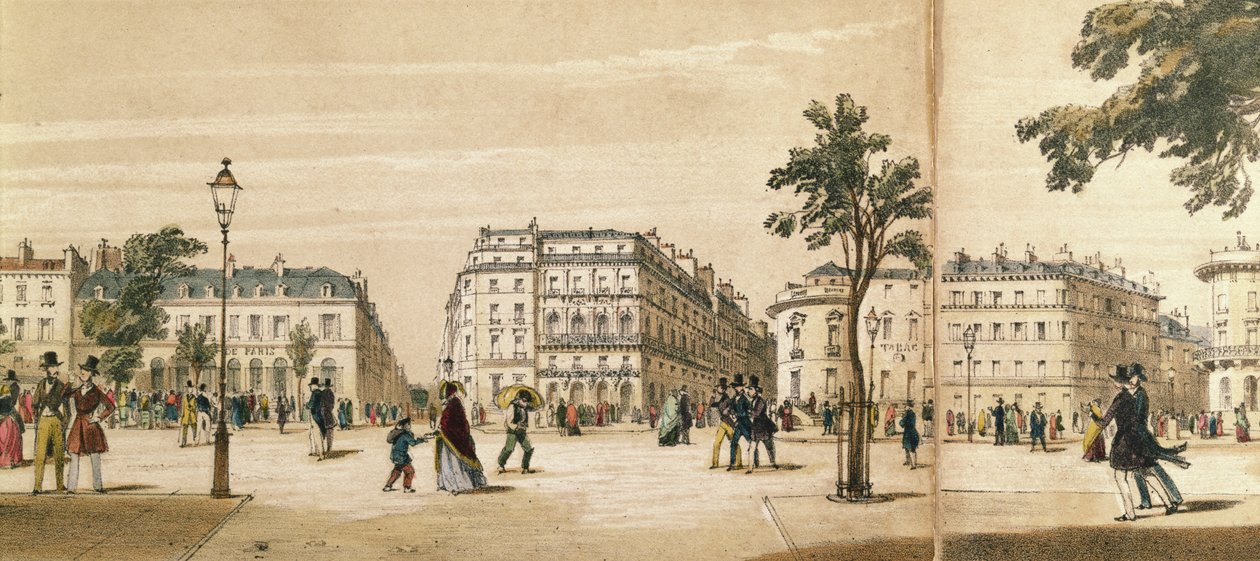 Detalje af et panorama af Boulevard des Italiens, ca. 1840 (farve litho) af French School