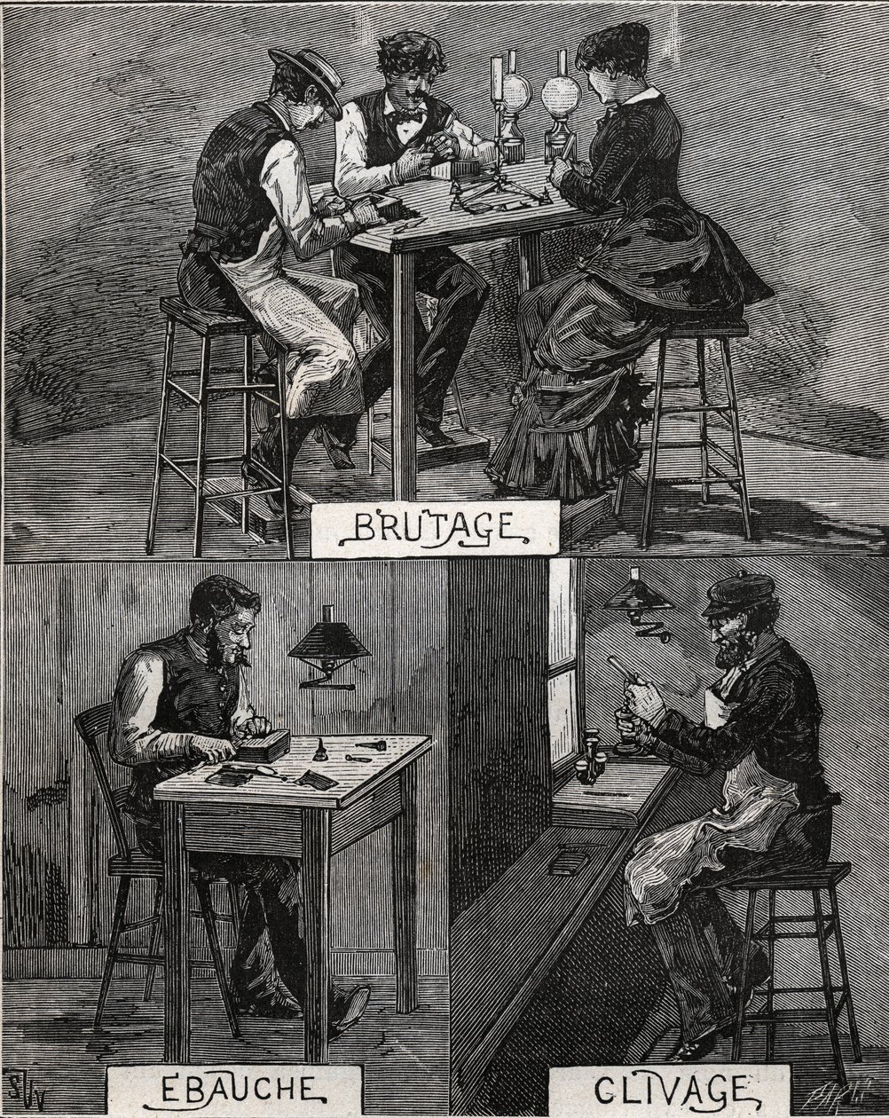 Diamantskæring, sund, ru og spaltning. Indgravering fra 1885 i "" Les arts et metiers illustres"" af Adolphe BITARD. af French School