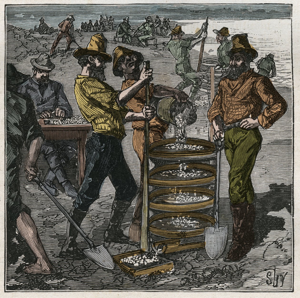 Diamantvask i Sydafrika i det 19. århundrede. Indgravering fra 1885 i "" Les arts et metiers illustres"" af Adolphe BITARD. af French School