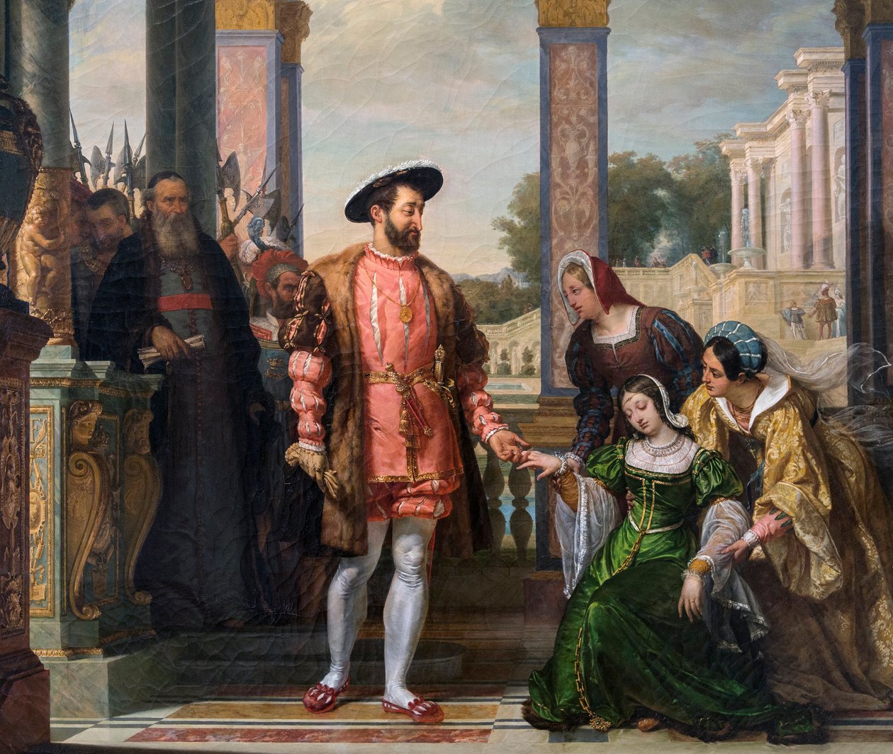 Diane de Poitiers (1499-1566) bønfalder sin fars nåde til Francis I - deatil de "Diane de Poitiers bønfalder sin fars nåde til Francois I"" maleri af F.A. Bitter - 1828 - Le Mans, musee de Tesse af French School