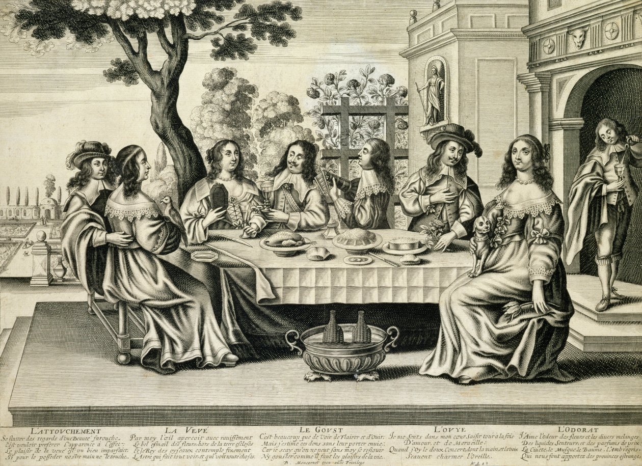 Spisesteder på en terrasse med en formel have nedenfor, indgraveret af Balthazar Moncornet (ca. 1600-68) af French School