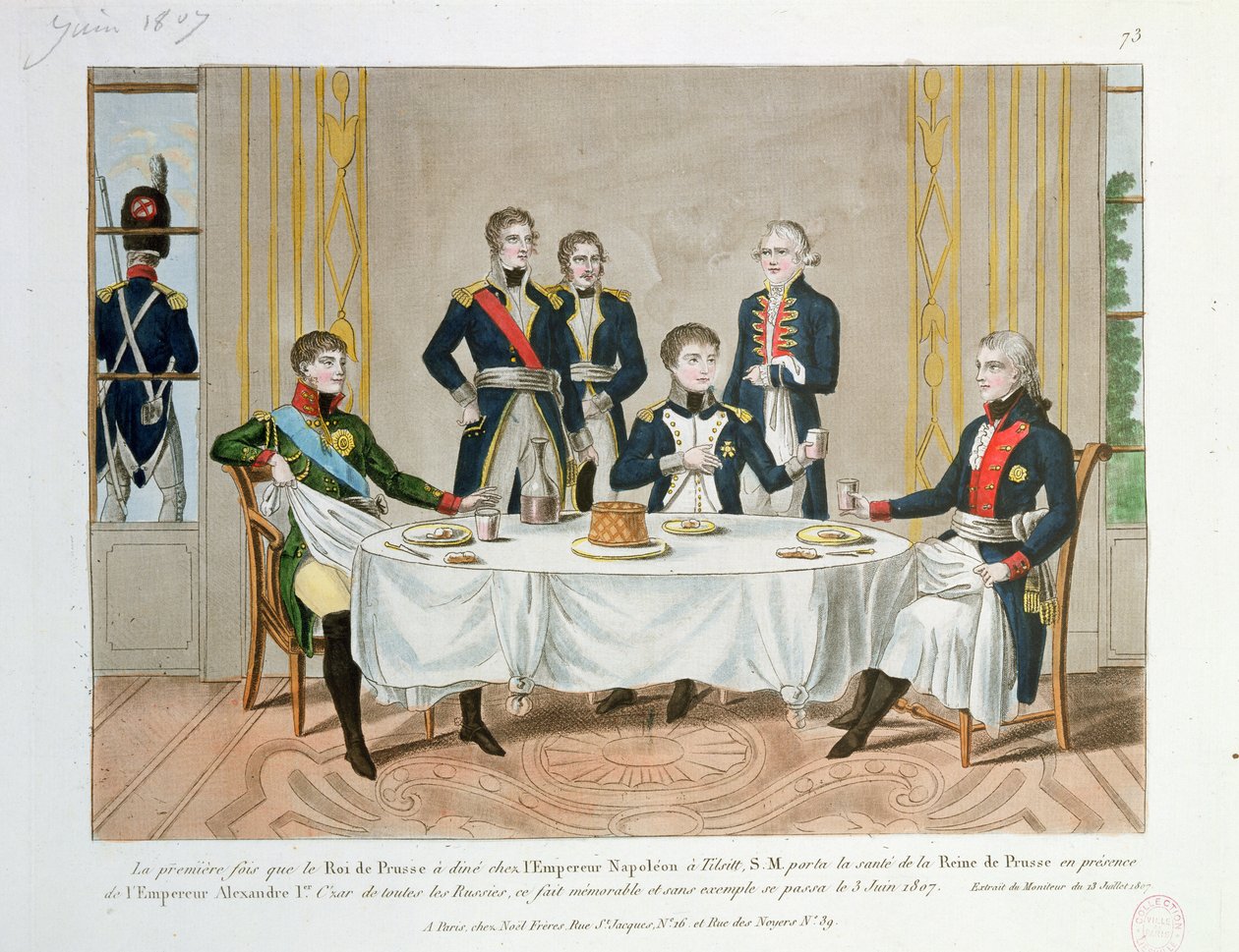 Middag i Tilsit mellem Frederik Vilhelm III af Preussen, zar Alexander I af Rusland og Napoleon, som løfter en skål for Dronningen af Preussen, 3. juni 1807 af French School