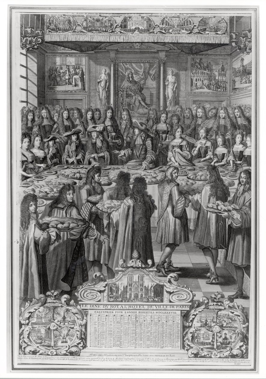 Middag for Ludvig XIV (1638-1715) på Hotel de ville, 30. januar 1687, fra kalenderen for året 1688 af French School