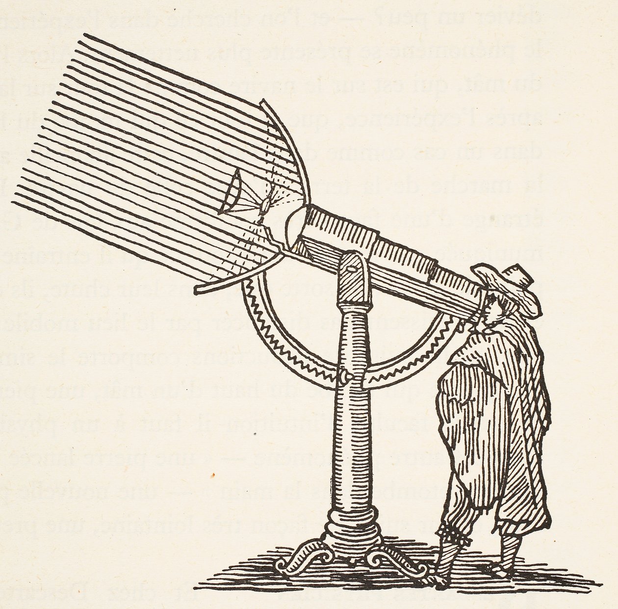 Dioptrisk teleskop, kopi af en gravering af Boris Mestchersky (d.1957), illustration fra Histoire de la Nation Francaise, Sciences, bind I & II, af Gabriel Hanotaux (1853-1944), 1924 af French School