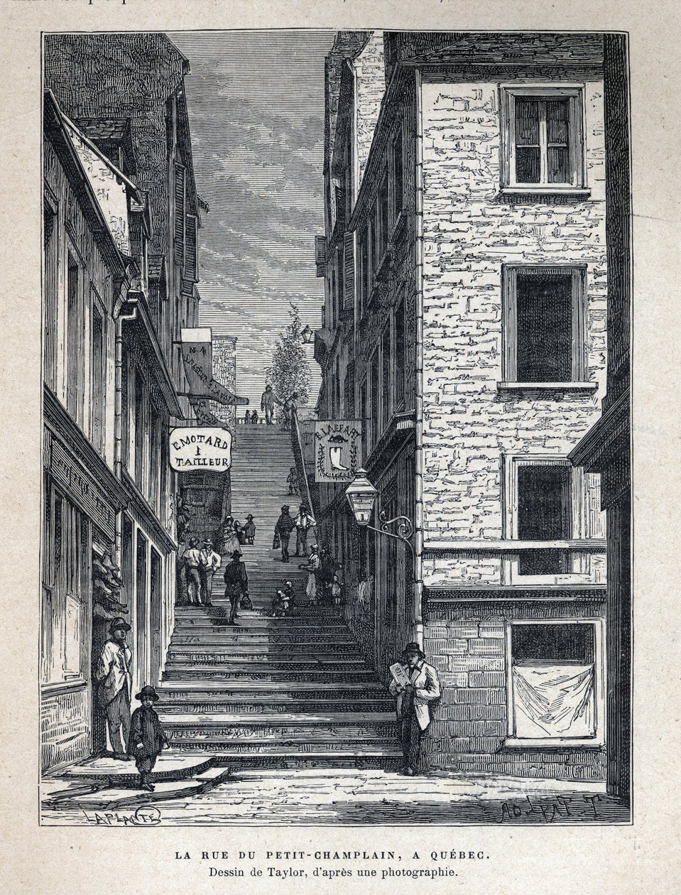 Oplev Canada: Rue du Peute Champlain (Petity-Champlain) i Quebec. Tegning af Taylor ud fra et fotografi. Indgravering fra slutningen af det 19. århundrede i "La nouvelle France" af Eugene Guenin. af French School